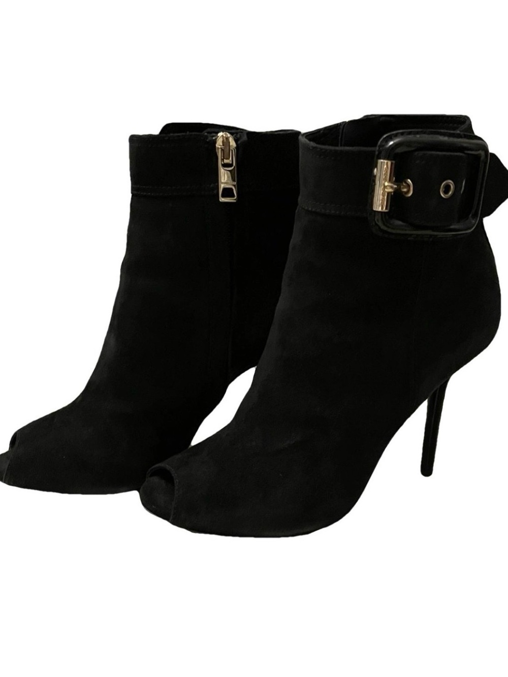 Burberry Black Suede Peep-Toe Ankle Boots with Gold Buckle